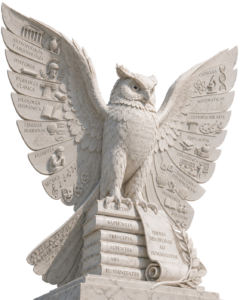 Imponente estatua en marmol de un búho con las alas extendidas y grabados de ramas del conocimiento en las plumas